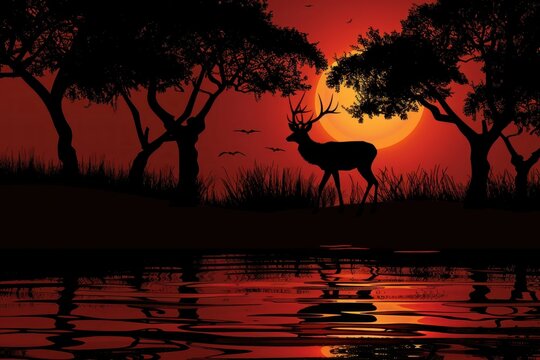 A silhouette of an African deer in the distance