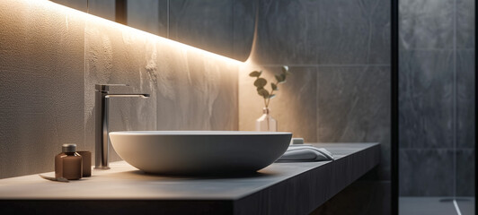 Modern bathroom sink and vanity with warm lighting