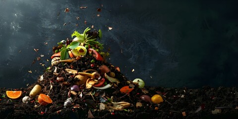 A compost heap made of kitchen scraps fruit and vegetable peels decomposing into nutrientrich organic soil. Concept Composting, Kitchen Scraps, Organic Soil, Nutrient-Rich, Sustainability - obrazy, fototapety, plakaty