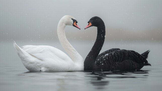 Couple of swans, love between black and white swan, romantic family together in a pond in the water, hugging