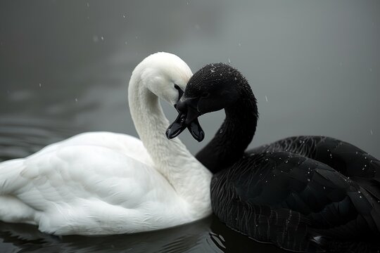 Couple of swans, love between black and white swan, romantic family together in a pond in the water, hugging