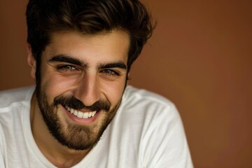 Close up portrait of a handsome young man with a beard smiling and showing healthy teeth