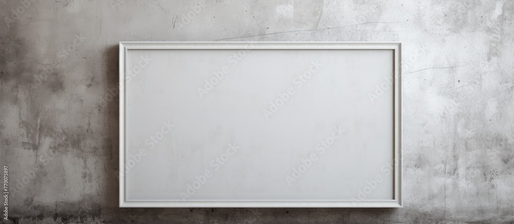 Poster a simple white picture frame hanging on a plain concrete wall in a minimalistic setting