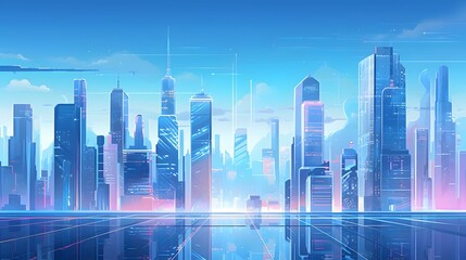 Modern city panorama with skyscrapers and neon lights. Vector illustration