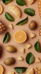Fruit and vegetables, slippery celery leaf and yuca root flat lay background wide angle shot from above, minimal, illustration made with generative AI - obrazy, fototapety, plakaty