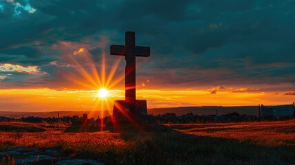 A powerful photograph of a cross silhouetted against a vibrant sunrise, conveying the significance...