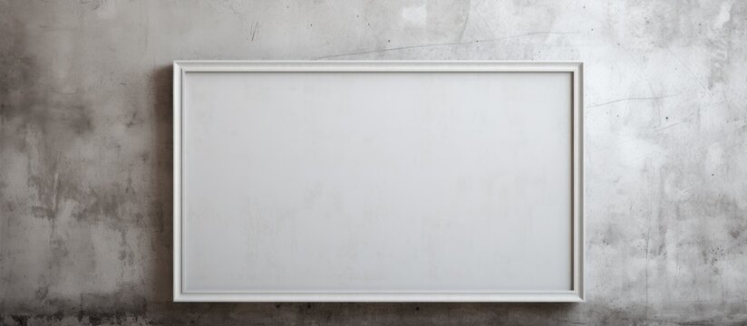 A simple white picture frame hanging on a plain concrete wall in a minimalistic setting