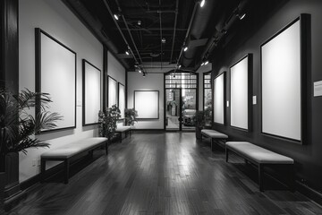 Black and white interior of an art gallery with blank frames on the walls and benches in the center