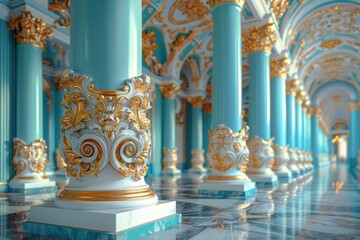 ornate columns and pilasters of an opulent hall vanishing into the distance - obrazy, fototapety, plakaty