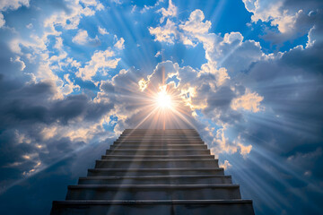 Illustration of a stairway ascending towards heavenly realms with a bright sky, clouds, and sun shining through the stairway. Symbolizing spiritual transcendence and enlightenment. 