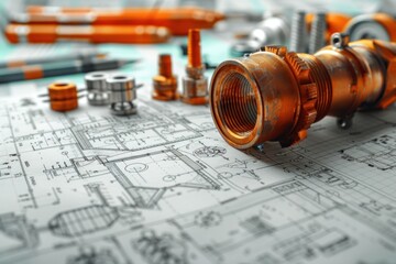 Copper pipe fitting on blueprint for renovation and plumbing works - obrazy, fototapety, plakaty
