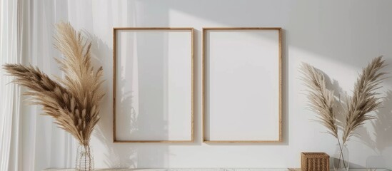 Wooden frame mockup set of 2, including large sizes 50x70 and 20x28, as well as A3 and A4 sizes, displayed on a white wall. Features clean, modern, - obrazy, fototapety, plakaty