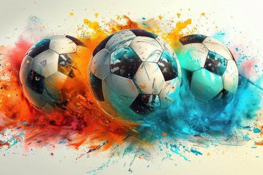 Artistic rendering of three soccer balls in a colorful abstract background