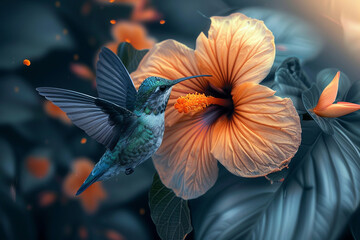 Damask_the best ultra high image quality and high art aesthetics result, a beautiful hummingbird, sunrise, a big lush tropical flower.