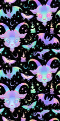Seamless illustration of cute cartoon mystical animals. Bright gentle goats and bats.