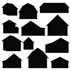 Big black barn silhouette set. Different farm houses or barns. Vector collection of illustration of wooden hand drawn buildings - obrazy, fototapety, plakaty