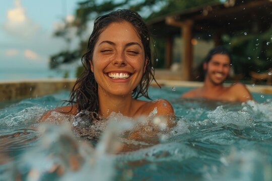 Happy couple relaxing in a swimming pool on vacation. Summertime and travel concept.