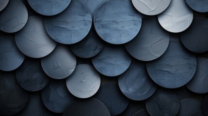 Elegant blue circular shapes on a dark background for abstract art. Textured blue discs in abstract pattern, perfect for modern design. - obrazy, fototapety, plakaty