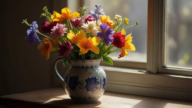 Beautiful spring flowers in a white vase with blue pattern standing next to the window covered with daylight