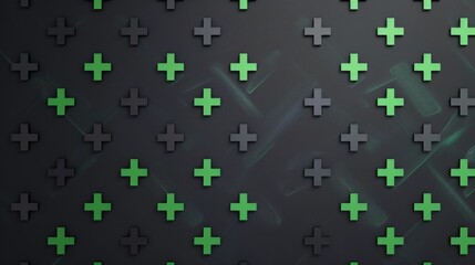 Subtle light effects on a pattern of green crosses and dark backdrop. Green cross pattern with reflective light on a dark abstract background.