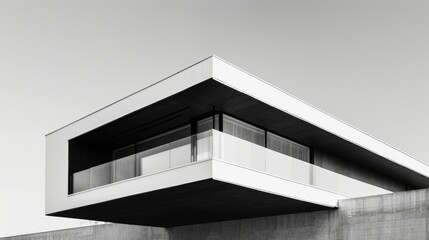 Minimalist modern building with sharp contrast and overhang. Bold modern architecture featuring stark contrasts and clean lines.
