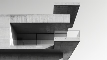 Modern concrete architecture with geometric design in black and white. Minimalist architectural photography of a contemporary building. Abstract urban structure capturing light and shadow interplay.