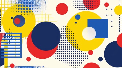  An abstract art featuring blue, yellow, red, and white circles & lines against white background with blue, red, yellow, and white circle patterns
