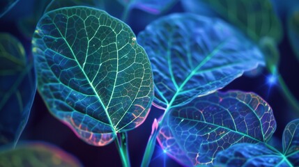 Vivid details of leaf veins with neon light effect in blue tones. Illuminated neon blue leaf venation patterns. Neon blue glowing intricate leaf structures. - obrazy, fototapety, plakaty