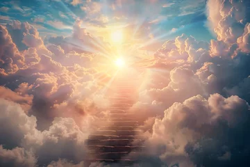 Fotobehang Illustration of a stairway ascending towards heavenly realms with a bright sky, clouds, and sun shining through the stairway. Symbolizing spiritual transcendence and enlightenment.  © jex