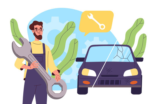Car repairman concept. Man with wrench in hands near automobile. Worker in uniform near transport and auto. Modernization and tunning. Cartoon flat vector illustration isolated on white background
