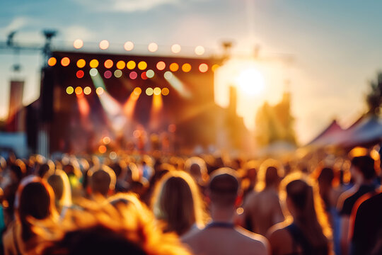 sumer music festival summer vibes blurred background, rock festival, crowded