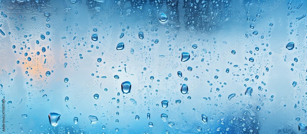 Poster close-up view of a window covered in raindrops on a rainy day, creating a moody and atmospheric imag