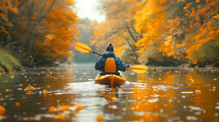 Person kayaking on river in autumn - obrazy, fototapety, plakaty