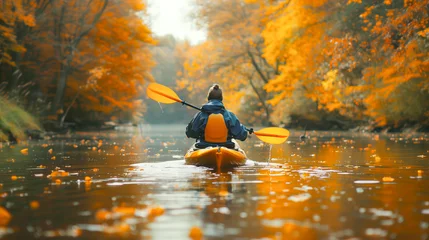 Foto op Canvas Person kayaking on river in autumn © adrianad