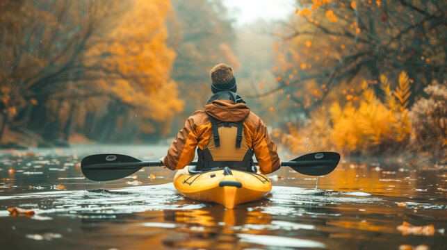 Person kayaking on river during autumn