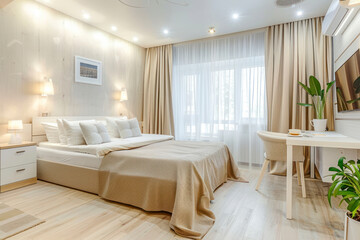 Interior design spacious bright studio apartment in Scandinavian style and warm pastel white and beige colors.