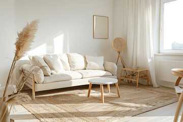 Interior design spacious bright studio apartment in Scandinavian style and warm pastel white and beige colors.