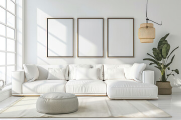 Modern interior design for posters in the living room layout with a white sofa with space to copy.