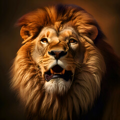 Portrait of a male lion on a dark background. Close up.