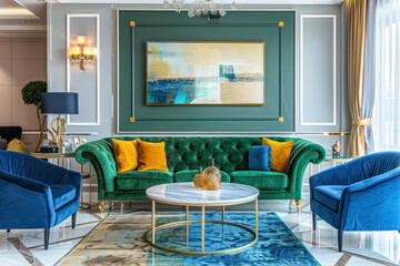 Stylish living room interior idea with green, blue and gold colors.
