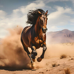 Horse galloping in sand dunes in the desert. 3d rendering - obrazy, fototapety, plakaty