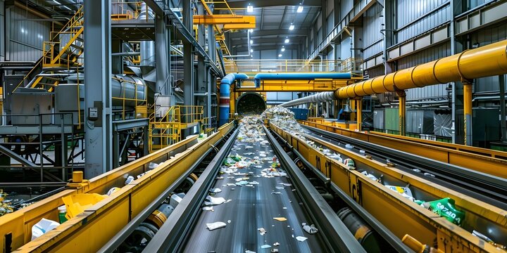 A waste sorting plant with a conveyor belt processing and sorting recyclable materials for reuse. Concept Waste Sorting Plant, Conveyor Belt, Recyclable Materials, Sorting Process