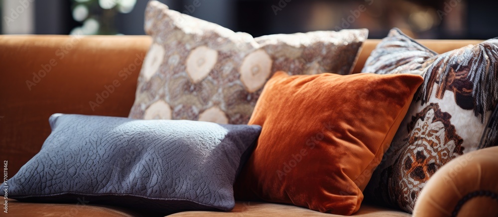 Poster a close up of a cozy couch covered in an array of soft throw pillows in different colors and pattern