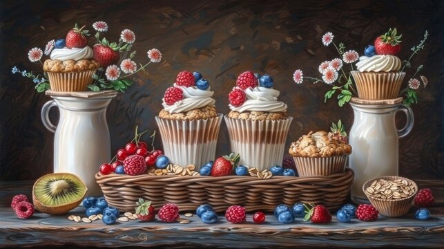  A picture depicts cupcakes, muffins, berries, and a flower bouquet on a table