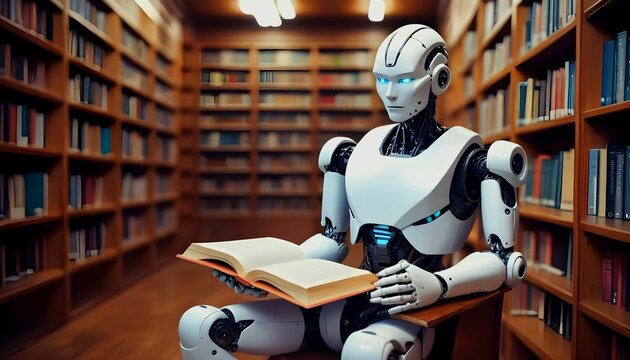 Future technological development knowledge background - Human robot sits in the library and read books on world book day created with generative ai