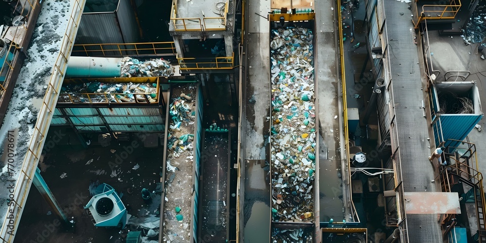 Poster processing and sorting recyclable materials at a waste sorting plant. concept waste sorting, recycli