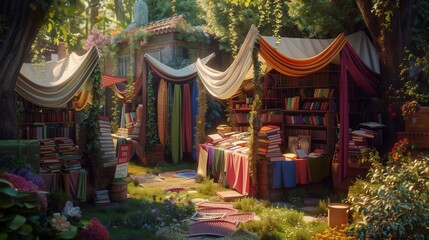 A whimsical outdoor scene of a book fair in a lush garden, with stalls draped in colorful fabrics displaying a variety of books. - obrazy, fototapety, plakaty
