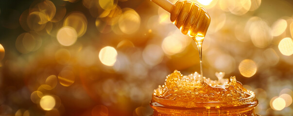 Honey dipper drizzling golden honey into a jar against bokeh lights background. Natural sweetness and gourmet concept. Image for showcasing organic products, culinary and healthy food alternatives.