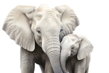 Elephant Mother and Calf Close-up with White Background