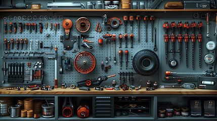 Explore the artistry of a tire patch kit, its compact components arranged with precision against a backdrop of tools, each one a testament to the art of bicycle repair. - obrazy, fototapety, plakaty